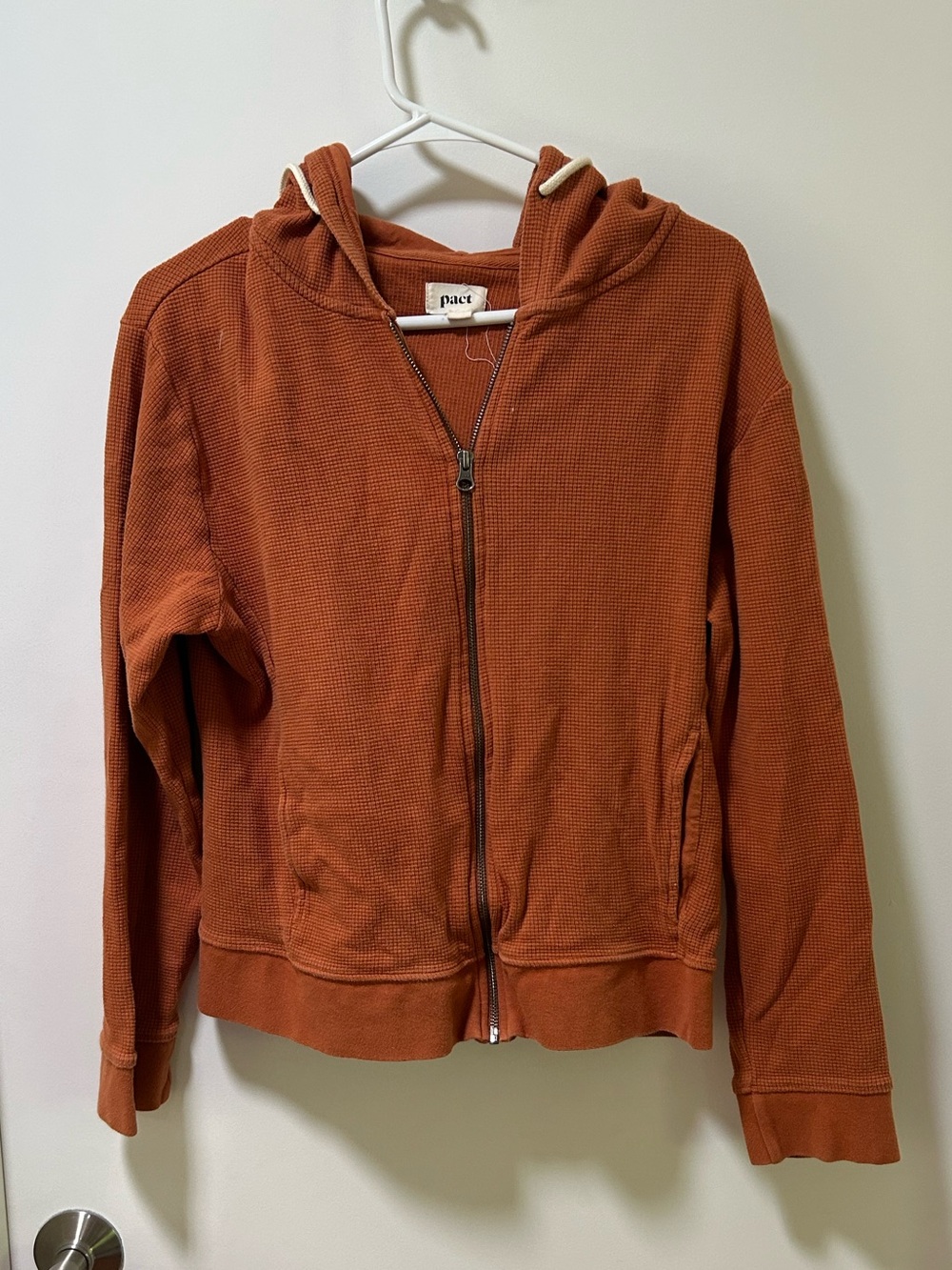 Pact Orange Waffle Knit Cropped Fill Zip Jacket Size Large